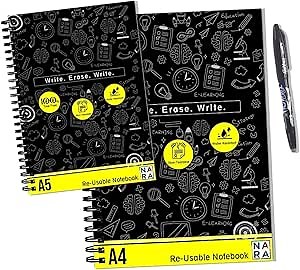Nara Smart ReUsable Notebook | Tree-free Notebook with 1 Pilot Frixion pen and 1 Microfiber cloth included | Jet black Cover | A5 Size | 40 Pagees - ( A HYBRID NOTEBOOK )