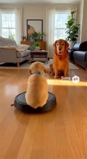 Mini BOBO Rides the Robot Vacuum 🐶🤖 #goldenretriever #babyshorts #funny #cute