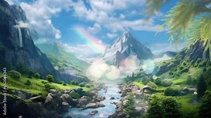 Bathed in sunlight, the river meanders through the rugged mountains, bordered by a peaceful meadow, where the beauty of a sunny day transforms the landscape into a natural paradise. Generated with Ai
