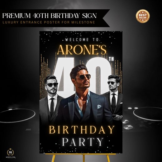 40th Birthday Welcome Sign With Photo Editable Canva Template Mens Black Gold Party Entrance Poster - Etsy