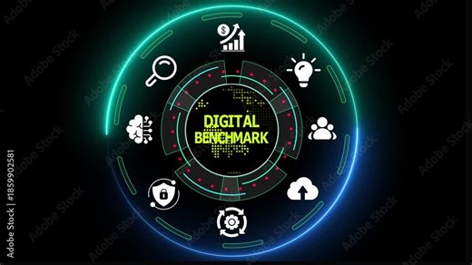 Digital benchmark concept with performance comparison icons, technology standards analysis, KPI evaluation, and modern data interface.