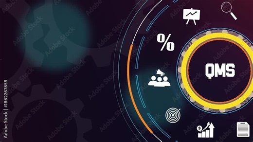 Quality management system concept with qms text, digital business icons, and financial strategy elements