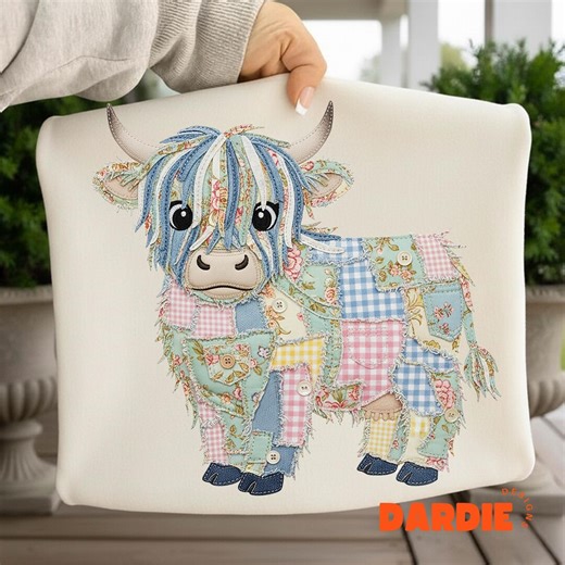 Highland Cow Patchwork PNG Spring Faux Embroidery Easter Sublimation Design Clipart - Etsy
