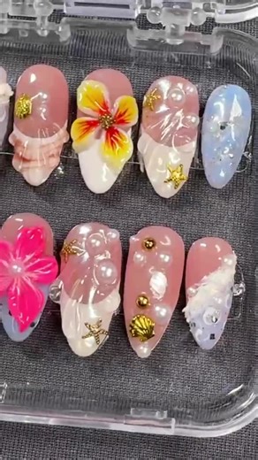 Ocean Beach Mermaid Press on Nails – 3D Seashells, Pearls & Tropical Flowers - Etsy