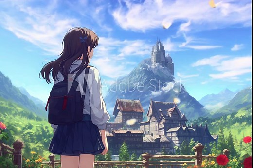 back view of anime woman in japan landscape in anime illustration style, 4K animated background