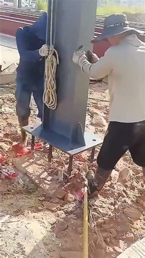 Installation process of I-beam columns with the assistance of ropes