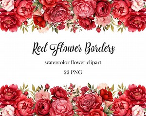 Red Flower Border Clipart, Watercolor Red Floral PNG Bundle, Flower Frame, Valentine Clipart, Wedding Floral, Digital Download - Etsy