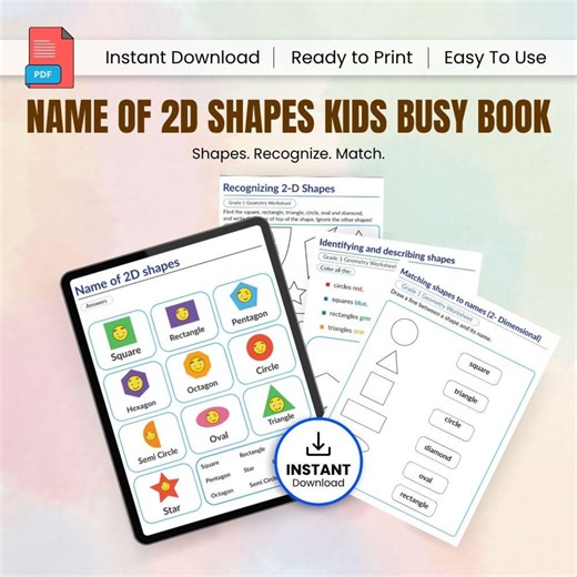 Name of 2D Shapes Kids Busy Book Printable Activity Binder Preschool Geometry Learning Fun Educational Pack - Etsy