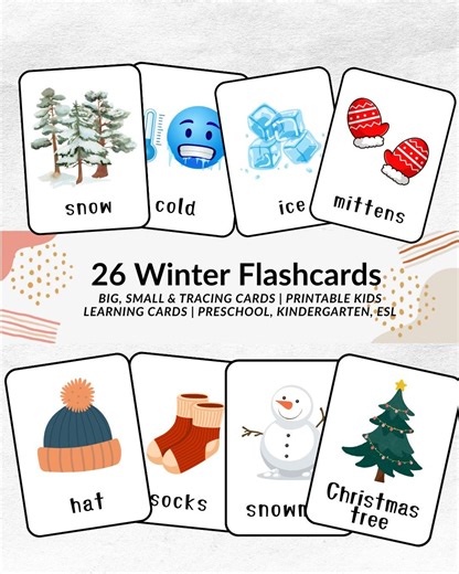 26 Winter Flashcards —big, Small & Tracing Cards | Printable Kids Learning Cards | Preschool, Kindergarten, ESL - Etsy