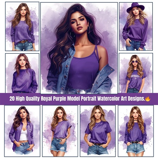 Royal Purple Fashion Model Portrait Watercolor Art Designs, Casual Style, Instant Download - Etsy