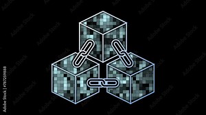 An animated symbol of blockchain technology that has a shimmering effect with squares of varying shades of turquoise on a black background. Cg