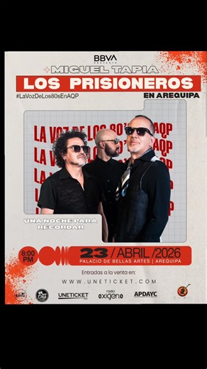 Bar One on Instagram: "📣¡ATENCIÓN 𝗔𝗿𝗲𝗾𝘂𝗶𝗽𝗮!🎸 LOS PRISIONEROS & MIGUEL TAPIA (Miembro fundador de la banda) llegan a Arequipa con sus éxitos de toda la vida. Estrechez de corazón, Quien mató a Marilyn, Tren al sur y todo su repertorio que marcó época, se vivirá y cantará en la ciudad blanca 🏳️. 🗓️ 23 de Abril ⏰ 8:00 PM 📍Palacio Metropolitano de Bellas Artes “Mario Vargas Llosa” Gracias a: @radiooxigeno | Produce: @bar.one57 🎫 PREVENTA BBVA: 18 y 19 de febrero 🎟️ VENTA GENERAL: 20 d