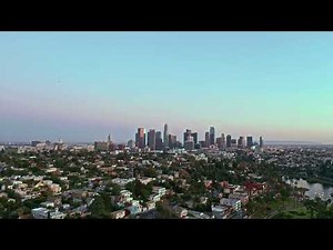 Downtown Los Angeles Skyline from Echo Park on Sunset Blvd, Drone 4k