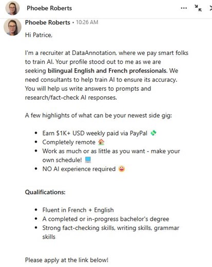 Allow me to introduce Phoebe Roberts. She is not affiliated with Outlier but instead works for Data Annotation and Labeling.inc (DAL). Interestingly, the pricing structure she mentioned closely… | Patrice B. | 24 comments