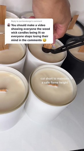 Reply to @zenliondesign demonstrating how a Wood wick is lit & why i cut it short! #aestheticcandle #candlebusiness #fyp #asmrsounds #woodwickcandle