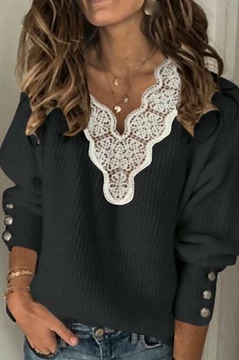 Full Size Lace Trim V-Neck Sweater