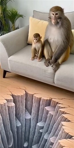 The Baby Monkey Freaks Out Over a 3D Floor Illusion