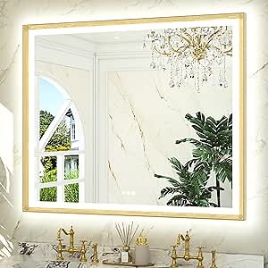 TETOTE 48x40 LED Bathroom Mirror with Lights Gold Metal Framed Front & Back Light Vanity Mirror Baroque Antifog Stepless Dimmable White/Warm/Natural,CRI90+,Waterproof,Wall Mounted(Horizontal/Vertical)