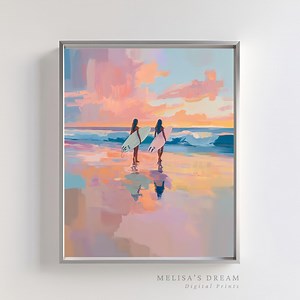 Surfer Girl Beach Wall Art Print | Pastel Sunset Ocean Digital Download | Printable Surf Art Coastal Decor | Feminine Summer Surf Painting - Etsy