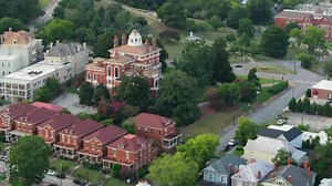 Old historic city architecture in Southern USA. View from above of Victorian mansions and streets of Macon, Georgia