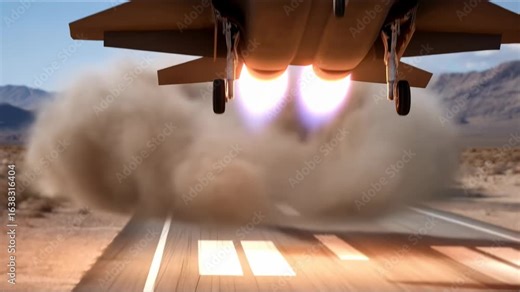 A fighter jet with its afterburners on accelerates and takes off down a desert runway, raising a cloud of dust behind it