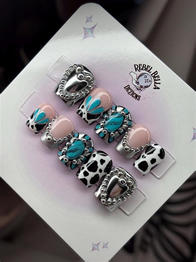 Cow Print Western Turquoise Press on Nails: Silver Chrome, Handpainted Turquoise Stones - Etsy