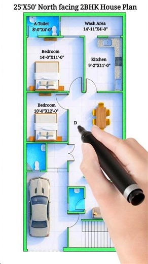 25x50 North Facing 2BHK House Plan with Parking | Vastu Friendly Home Design |