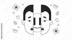Shy guy split face bw outline 2D animation. Introvert hiding feelings 4K video motion graphic. Emoticon smiling inside shocked man monochrome linear animated cartoon flat concept, white background