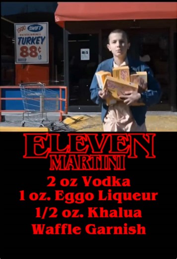 The Eleven Martini. With Stranger Things officially over I thought we could all share a drink together! Here is a martini made after Eleven’s favorite meal, Eggo waffles! 🧇 2 oz. Vodka 🧇 1 oz. Eggo Liqueur 🧇 1/2 oz. Coffee Liqueur 🧇 Waffle Garnish #cocktails #strangerthings #strangerthings5 #netflix #eleven
