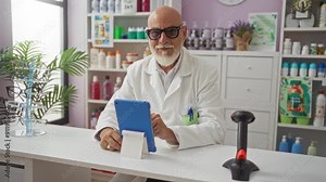 Man wearing lab coat sitting at pharmacy counter using tablet, surrounded by various health and beauty products in an organized indoor store environment.