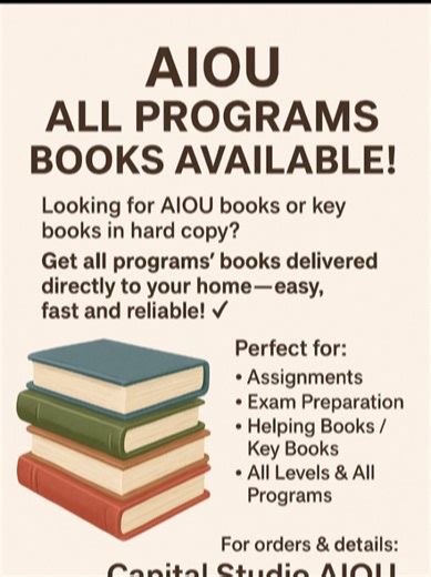 📚 اے۔آئی۔او۔یو تمام پروگرامز کی کتب دستیاب! اے آئی او یو کے تمام پروگرامز کی اصلی کتب اور کی بکس ہارڈ کاپی میں گھروں تک ڈیلیوری کے ساتھ حاصل کریں! تیاری کو بنائیں آسان، تیز اور قابلِ اعتماد ✔️ مناسب برائے: • اسائنمنٹس • امتحانات کی تیاری • ہیلپنگ بکس / کی بکس • تمام لیولز اور تمام پروگرامز آرڈر اور معلومات کے لیے: کیپیٹل اسٹوڈیو AIOU 📞 0331 8811188 ● 𝗖𝗮𝗽𝗶𝘁𝗮𝗹 𝗦𝘁𝘂𝗱𝗶𝗼 𝗔𝗶𝗼𝘂 WhatsApp Channel LinK: =================== https://whatsapp.com/channel/0029VaCflnjFi8xVKye9R01l 📌 SHARE WI