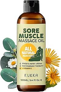 Kukka Sore Muscle Massage Oil for Massage Therapy - 3.4 Fl Oz - 100% Pure Natural, Eucalyptus & Roman Chamomile, Relaxing Body & Face Oil for Sore Muscles, Spa & Yoga, Light Weight