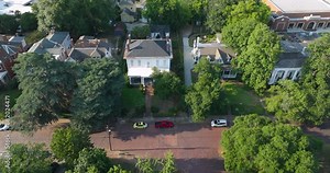Victorian mansions in Macon, historic city in central Georgia with old historical architecture. USA panoramic cityscape
