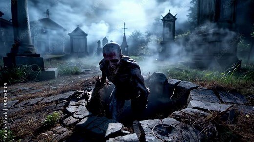 Zombie crawling out of grave in a misty cemetery, eerie undead scene for Halloween Stock Video