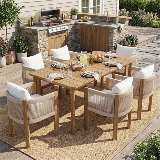 Corrigan Studio® Keeton 7-Piece Modern Coastal Outdoor Dining Set With Acacia Wood Table And Rope