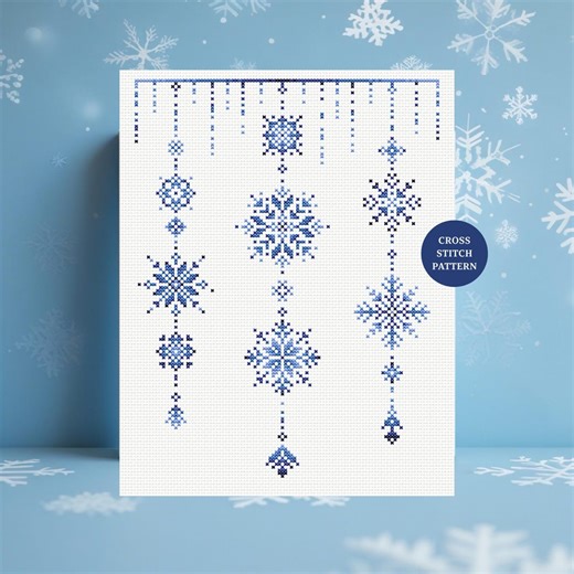 Blue Snowflake Ornaments Cross Stitch Pattern, Winter Hanging Icicles Embroidery, PDF - Etsy