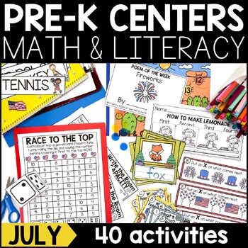 Pre K, Preschool Summer Centers: 4th of July Math & Literacy Activities & Games