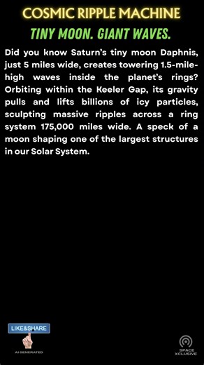 Daphnis may be tiny, but it creates 1.5-mile-high waves inside Saturn’s rings. A 5-mile moon sculpting a ring system 175,000 miles wide — gravity at its most dramatic. #Daphnis, #SaturnRings, #Saturn, #KeelerGap, #SolarSystem, #SpaceFacts, #DidYouKnow, #CosmicWaves, #SpaceScience, #Astronomy, #NASA, #PlanetaryScience, #SpaceDiscovery, #Universe, #Astrophysics, #RingSystem, #Celestial, #SpaceLovers, #ScienceIsCool, #DeepSpace, #Galactic, #Cosmos, #SpaceExploration, #SpaceVisuals, #AstroPhotograph