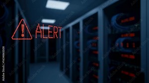 Red alert warning and exclamation mark in server room data cybersecurity threat flickering in digital space video.