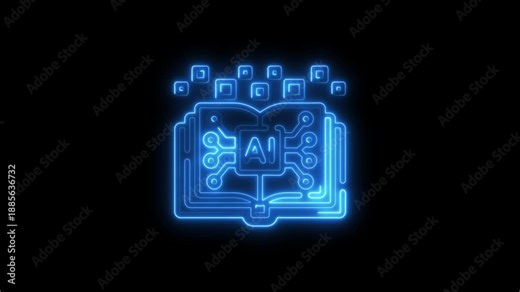 Blue Neon Glow Open Book Icon with AI and Circuitry Symbolizing Artificial Intelligence Learning on Black Background
