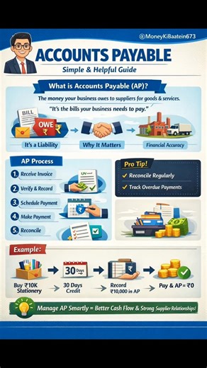 Moneykibaatein on Instagram: "💰 Accounts Payable – Simple & Helpful Guide | MoneyKibaatein6743 What is Accounts Payable (AP)? Accounts Payable is the money your business owes to suppliers or vendors for goods or services purchased on credit. In simple words: “It’s the bills your business needs to pay.” Key Points to Know About AP It’s a Liability: Shows how much your business owes to others. Why It Matters: Keeps suppliers happy → timely payments build trust. Helps manage cash flow → know when 