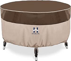 HAMLER Round Outdoor Table Cover, Heavy Duty Outdoor Table Chair Set Covers with Air Vents and Handles, Patio Table Cover Fits up to 110" D x 27.5" H, Brown & Beige
