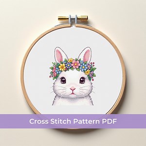Bunny Cross Stitch Pattern PDF, Floral Rabbit Embroidery, Cute Nursery Decor, Whimsical Animal Needlepoint, Spring Flower Crown Design