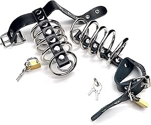 Ajuastable Deluxe Leather BDSM Bondaged Chastity Cage for Men 5 Stainless Steel Rings Gates of Cock & Ball Chasity Cage with Lock for Men Sex Toys Penis Cage