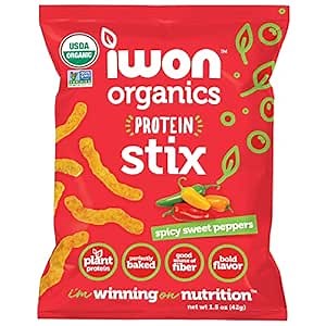 IWON Organics Spicy Sweet Pepper Flavor Snack Stix, High Protein and Organic Healthy Snacks, 8 Bags, 1.5 Ounce