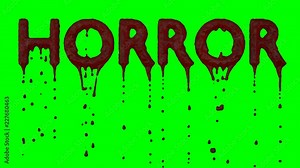 Animated a lot of blood dripping from all caps text horror against green background. Blood droplets gets darker as they travel down.