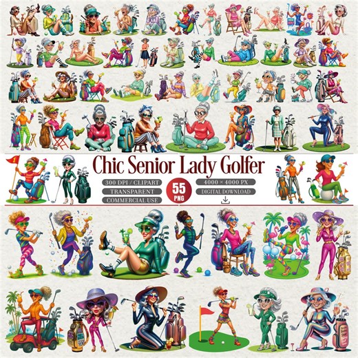 Senior Lady Golfer Clipart Set | 55 PNG Illustrations - Etsy
