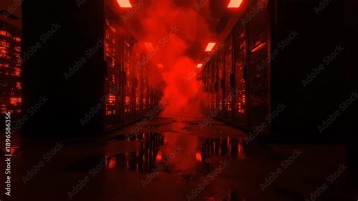 Red server room with dense smoke, glowing lights, and water on floor.