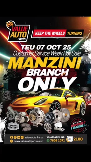 🚘 ONE DAY ONLY DEALS! 🚘 Value Auto Parts is bringing massive savings to your town! 📍 Manzini – 7 Oct | Ezulwini – 8 Oct | Matsapha – 9 Oct 📍 Siphofaneni – 14 Oct | Nhlangano – 15 Oct 💥 Don’t miss your day to save BIG on car parts! 🛠️Are you ready for customer service week 👉 More info here: https://www.facebook.com/valueautoparts.co.sz #eswatinitiktok🇸🇿 #eswatinitiktok #EswatiniVibes #eswatinitiktok🇸🇿❤ #customerserviceweek