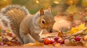 A squirrel munching on a nut among fallen leaves, A close-up of a squirrel gathering acorns for the winter
